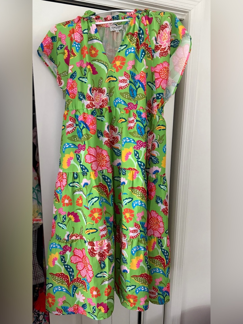 CROSBY by Mollie Burch size Small Green Floral Midi Dress with Multi-Color Print